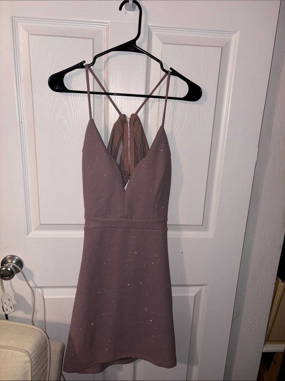 Mauve Sparkle V-Neck Mini Dress with Thin Straps